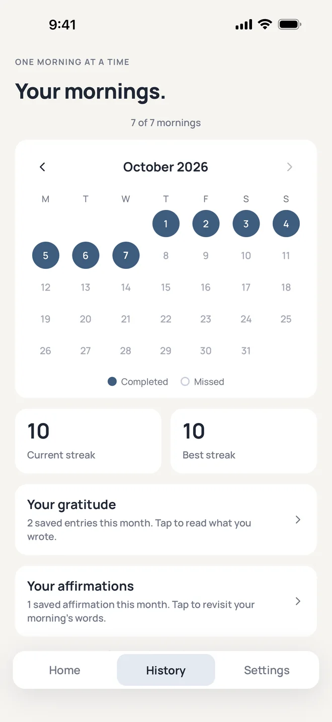 History: October with seven completed mornings and a ten-day streak
