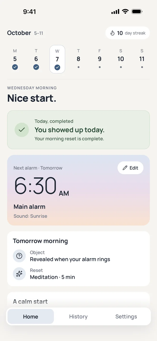 Home: the next alarm at 6:30 AM, and a ten-day streak